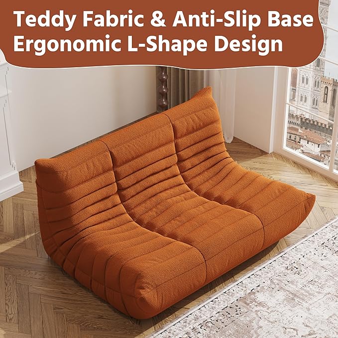 Bean Bag Chair, Fireside Chair, Large Bean Bag Chair for Adults, Bean Bag Chairs for Teens with High-Resilience Foam, Non-Slip Base Floor Lounge Sofa,Living Room (Orange, Loveseat)