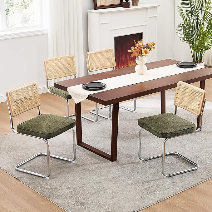 Zesthouse Natural Rattan Dining Chairs Set of 4, Mid Century Modern Dining Chairs with Solid Wood Back & Chrome Base, for Kitchen Living Room, Breuer Design Inspired, Upholstered Linen Fabric, Green