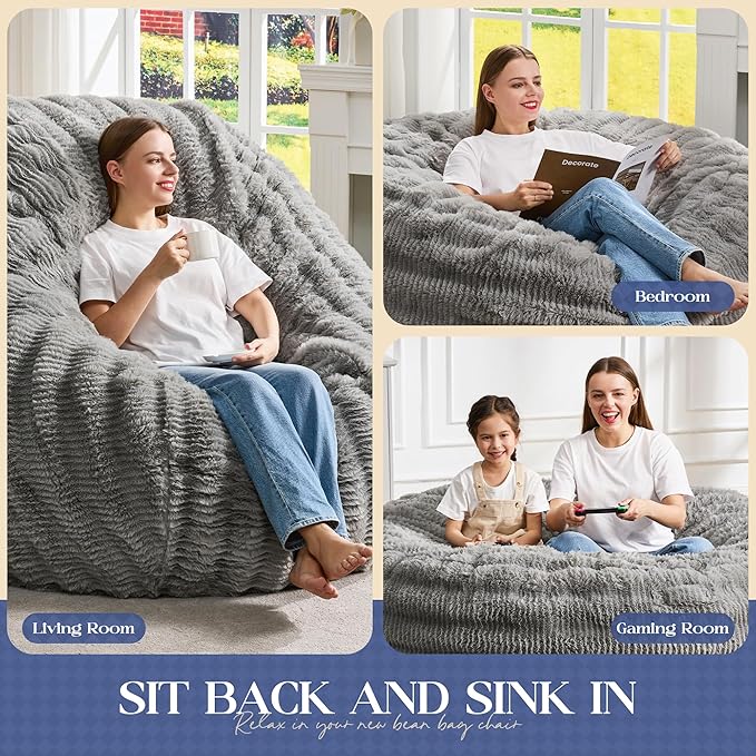 Hobestluk Bean Bag Chairs Beanbag Chair with Filler Adult Bean Bags with Fluffy Ripple Cover, Giant Bean Bag Chairs for Adults (Grey, 6FT - 70" x 70" x 15")
