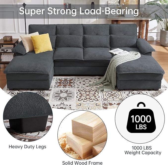 Jarenie 110“ Convertible Sectional Sofa, U Shape Cloud Couch, Comfy Couches with Double Chaise and Sleepable Armrests, 4 Seats Sectional Couches for Living Room, Dark Grey
