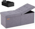 HAUSFRAU 31.5 Inches Ottoman with Storage, Folding Ottoman Bench Small Foot Rest Stool, Bedroom Bench with Flipping Lid, Linen Grey