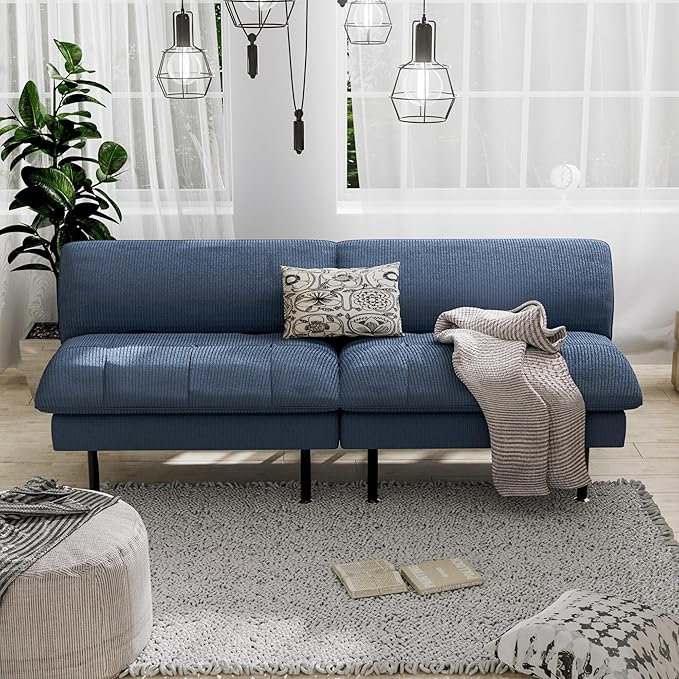 2 Sets 70" Futon Sofa Bed, 4 in 1 Multi-Function Couch Sleeper with Adjustable Backrest, Modern Convertible Futon, Recliner Small Loveseat for Living Room, Blue