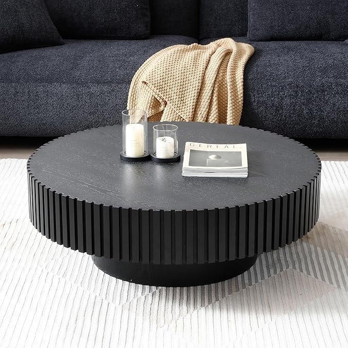 31.49'' Small Round Coffee Table for Living Room or Sofa, Lounge or Other Small Spaces, Black Coffee Table Wood with Modern Design, Mid Century Style, Low Profile, Easy Assembly