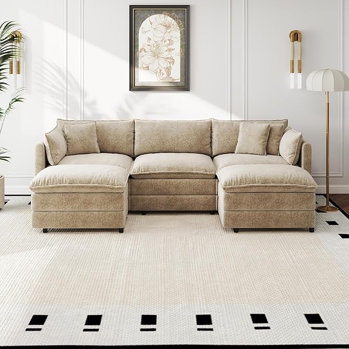 Aoowow Modular Sectional Sofa Modern Convertible U Shaped Couch,112.2 Inch Deep 3-Seater Sofas Set Comfy Chenille Cloud Sofas and Couches with Movable Ottoman for Living Room Apartment（Camel）