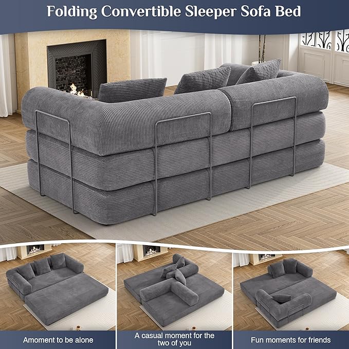 DAMAIFROM Convertible Sleeper Sofa Bed with Pillow, 4-in-1 Corduroy Folding Mattress Couch with Fixed-Shape Frame, Futon Fold Out Floor Sofa Cama Lounge Couch for Living Room Bedroom Studio, Grey