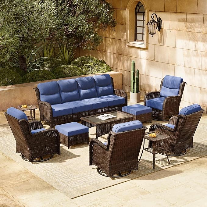 HILLGA Luxury Patio Furniture Set with 6-inch Thick Cushion, Outdoor Sectional Sofa and High Back Swivel Rocker Patio Chairs, 10PCS Wicker Conversation Set for Deck Yard and Poolside, Blue (V2)