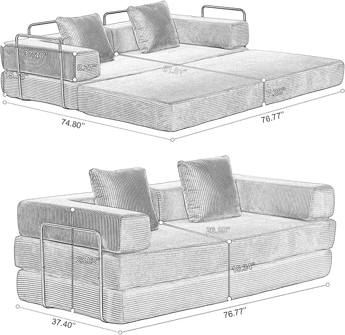 Convertible Couch Sofa Bed Foldable Floor Sleeper | Modern Fold Out Couch | Removable Backrest & Armrests | No Assembly Compression Sofa Sleeper for Living Room, Bedroom | Corduroy Fabric Beige