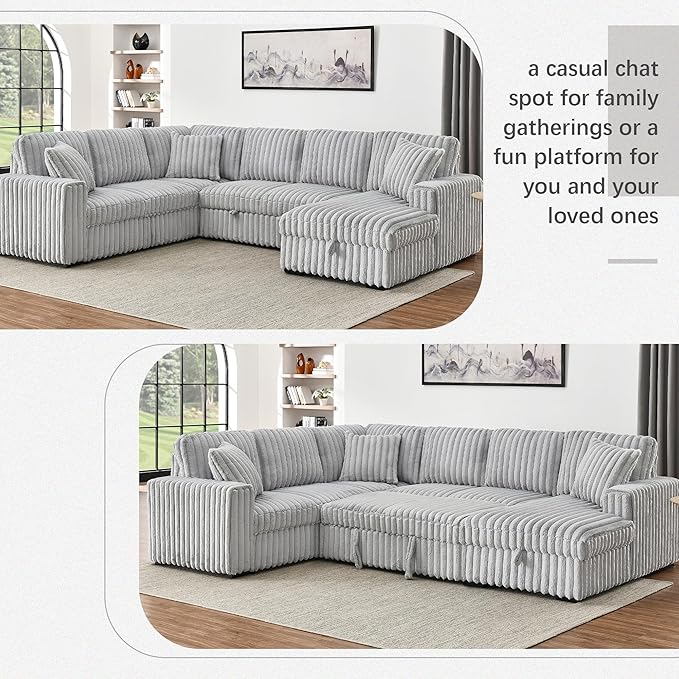 Olodumare Oversized Convertible Sectional Sofa Bed for Living Room, Modern 122'' Corduroy Upholstered U-Shaped Couch with Right Chaise Hidden Storage & Pull-Out Bed, USB & Type-C Port, Ash Grey