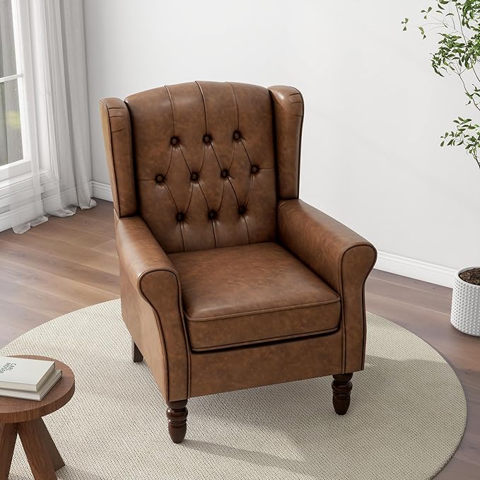 DREAMSIDEA Accent Chair, Upholstered Armchair with Button Tufted High Back & Solid Wood Legs, Comfy Wingback Reading Single Sofa Chair for Small Spaces, Living Room, Bedroom (Leather Brown, Set of 1)