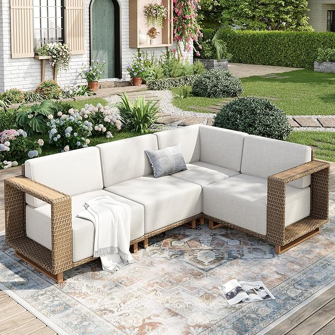 MIXPATIO Outdoor Patio Furniture Set, 4 Piece Outdoor Rattan Wicker Modular Sofa Couch Set, Sectional Conversation Set with 10" Extra Thick Cushions for Deck Backyard Lawn