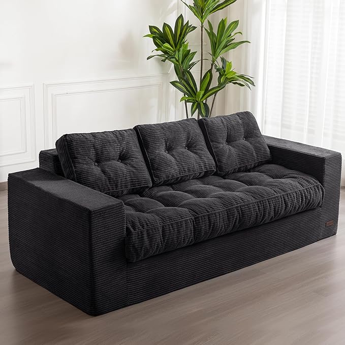 MAXYOYO 3 Seater Couch for Living Room, Boneless Couch with Tufted Cushion & Backrest, Upholstered Floor Sofa for Adults, No Assembly Required, Black