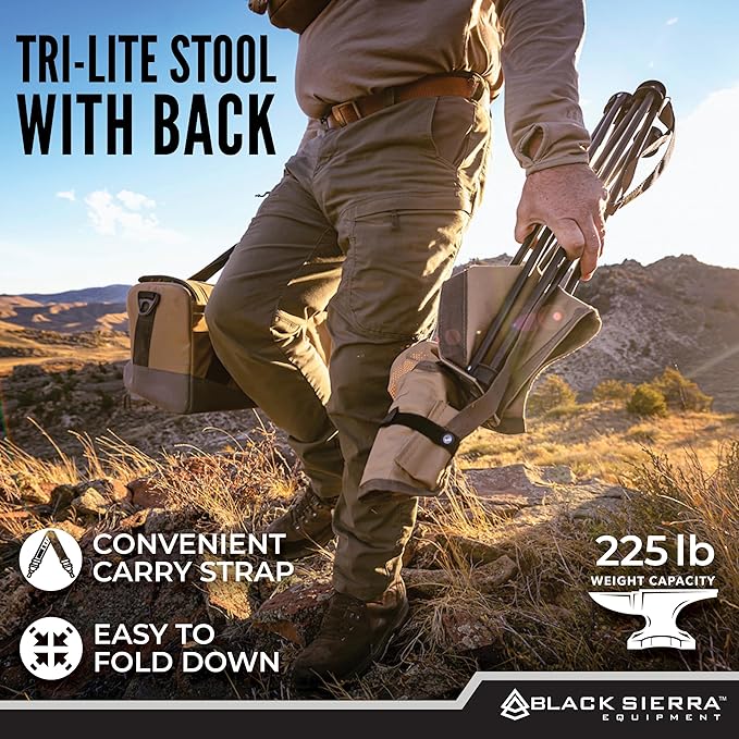 Black Sierra XL Trip-Lite Hunting Stool w/Backrest, Lightweight Portable Fishing Chair w/Cupholder and Carry Strap, Supports 225 Lbs, Portable Outdoor Chair for Hunting, Camping, Travel, Hiking