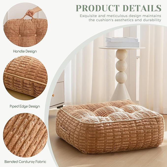 8" Washable Floor Pillow Cushion for Adults, Meditation Cushion Pillow, Removable Tufted Blended Corduroy Cover, Large Square Floor Sitting for Tatami Living Room or Yoga, 2Pack, Machine Washable