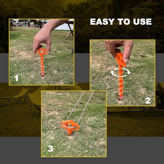 COBARYEN Tent Stakes Ground Anchors Screw in, 10 Pack Sand Stakes for Beach 9.4 Inch Heavy Duty Spiral Tent Pegs for Camping, Party, Hiking, Outdoor Decoration (10, Orange)