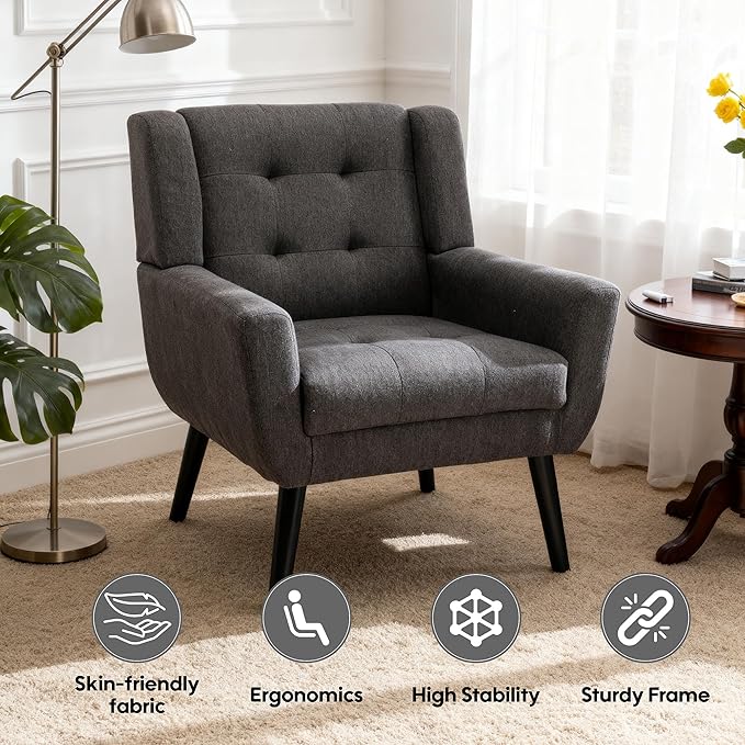 OO BY ORANGE ONLINE Set of 2 Linen Accent Chair, Mid-Century Modern Tufted Armchair for Living Room, Bedroom & Office (Drak Gray)