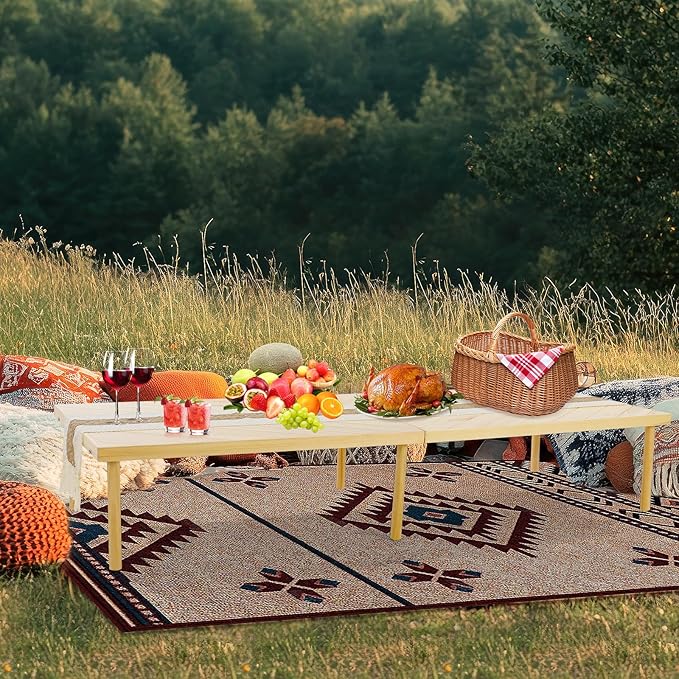 Folding Picnic Table with Table Runner, Portable Boho Low Picnic Table for Indoor Outdoor, 80" x 30" Wooden Table with Adjustable Heights for Camping, Wedding, Beach, Garden, Party(Large Size for 8)