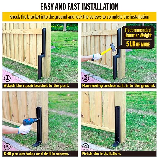 Epcee Heavy Duty Steel Fence Post Repair Stakes, Fence Post Anchor Ground Spike, for Repair Tilted/Broken Wood Fence Post (4 Pack/Black