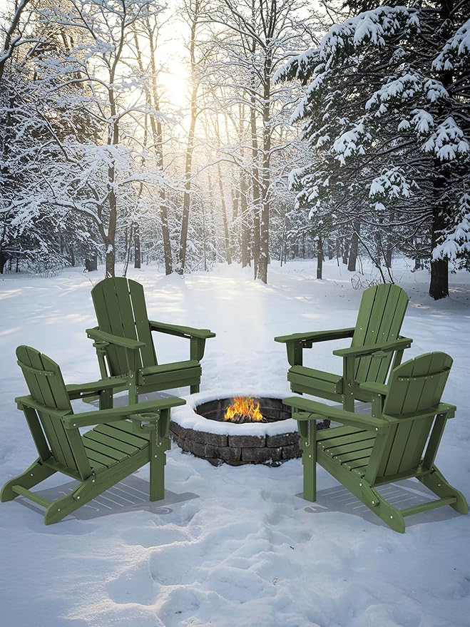 KINGYES Folding Adirondack Chair with Dual Cup Holders - HDPE All-Weather Outdoor Chairs, Wood-Like Patio Chair for Backyard, Camping, Pool & Fire Pit, Avocado Green