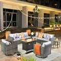 ovios 11 Piece Outdoor Patio Furniture Set with Fire Pit Table,Conversation Sectional Wicker Couch with Swivel Chairs,Modern Outside Sofa for Balcony Backyard, Grey
