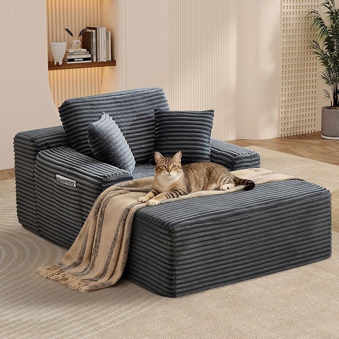 POINTANT 49”W Chaise Lounge Indoor, Oversized Couch Chair with 3 Throw Pillows, Corduroy Upholstered Boneless Sofa Bed,Lazy Bed Sleeper Reading Chairs for Living Room Apartment, No Assembly (Grey)