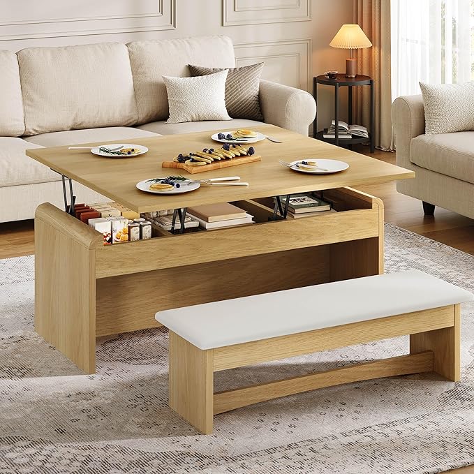 Coffee Table Lift Top, 40'' Multi-Function Coffee Table Set with Bench & Hidden Compartment, Center Table w/Curved Corner, Converts to Home Office Table, Dining Table for Living Room, Natural