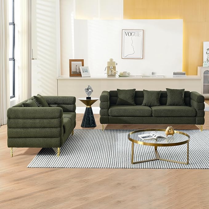 mikibama Luxury Teddy Sofa Set for Living Room, Modern Decor Furniture Sectional Sofa, 3 Seater Couch and Loveseat with 5 Pillows for Apartment, Office, Hall (Green)