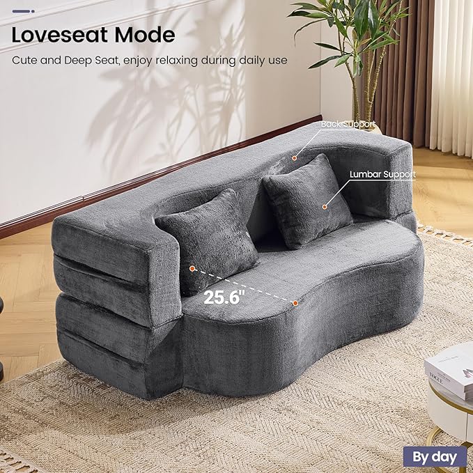 Orynveela Convertible Folding Sofa Bed, 71” Single Size Floor Sleeper Couch, Chenille Full Foam Futon Loveseat for Living Room Bedroom, No Assembly Required (Grey)