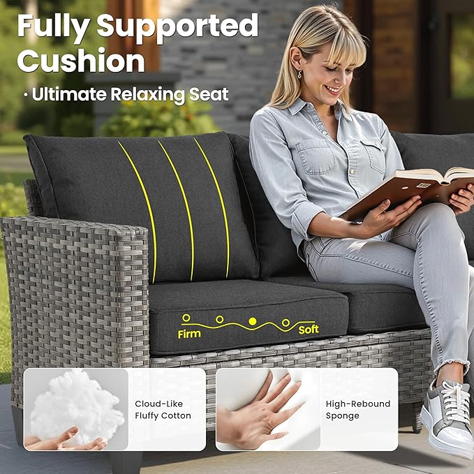 ovios 5 Pieces Patio Furniture Set, Outdoor Wicker Sofa Couch with Rocking Swivel Chairs Solar Lights Table, Modern Deep Seat Rattan Conversation Sets for Deck Porch, Black