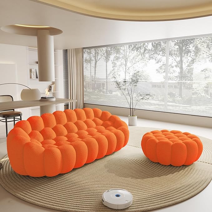WJShome Modular Sectional Sofa,Bubble Couch,Comfy Curved Couch Living Room Sets,Modern Upholstered Bean Bag Sofa Mesh Fabric Lazy Floor Chair Living Roon Sets (Orange, 3 Seater+Ottoman)