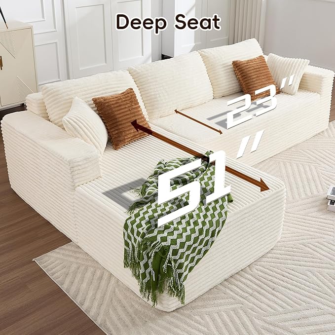 Opiesit 108" Boneless Couches for Living Room, Modular Sectional Sofa with Oversized Chaise, L-Shape Cloud Couch with Deep Seat, High-Density Memory Foam, No Assembly Required, Plush Corduroy Beige