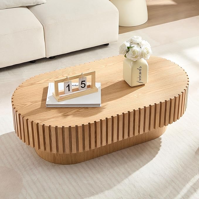 KEVINSPACE Oval Coffee Table 43.7" Wood CoffeeTable for Living Room Drum ModernCoffeeTable TeaTable Wooden Coffee Tables PedestalCoffeeTable Home Furniture Office Apartment Wood
