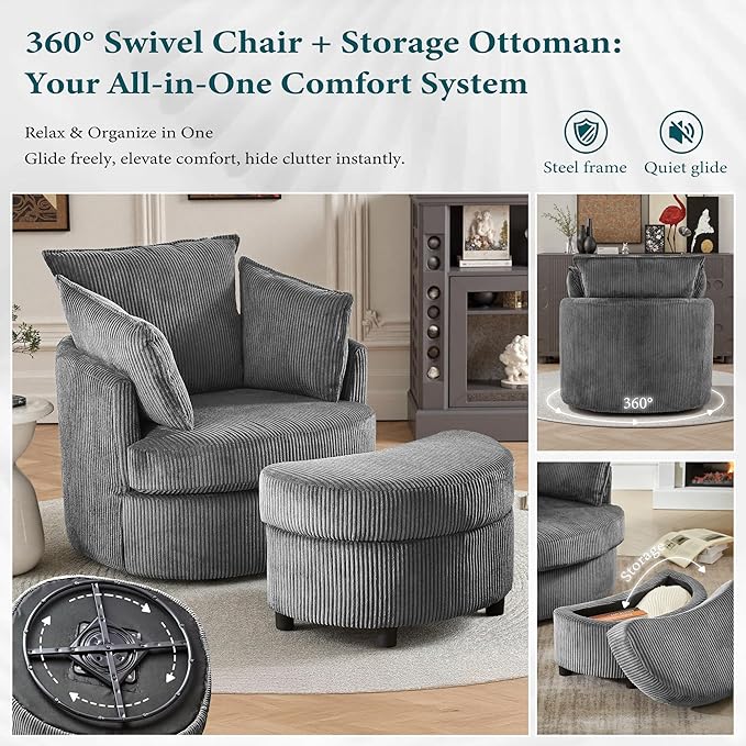 Chorlenimi Swivel Accent Chair Round Barrel Armchair Upholstered Living Room Chair Corduroy Reading Chair Single Sofa Chair for Bedroom Apartment Office (Grey, Upgrade 1Seater+ Ottoman)