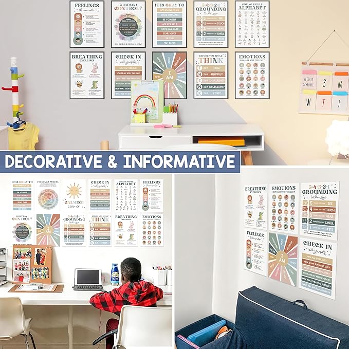 12 Retro Calming Corner Classroom Posters (10x14) - Feelings Wheel & Emotions Poster for Kids, Calm Down Corner Supplies for Therapy Office Decor, Mental Health Wall Art for Preschool and Teachers