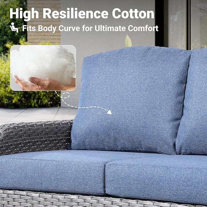 ovios 4 Pieces Patio Furniture Set, Outdoor Wicker Sofa with Coffee Table, Chairs, All Weather High Back Rattan Loveseat Couch with Comfy Cushions, Denim Blue