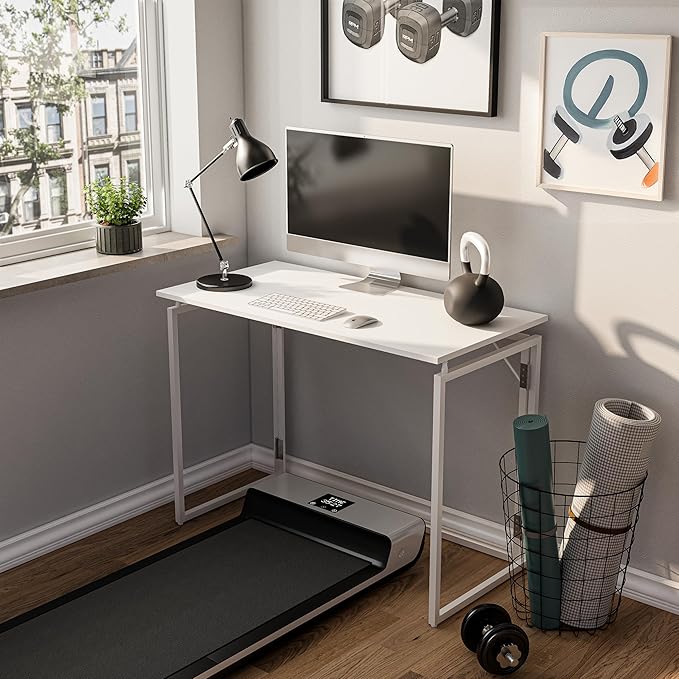 Folding Desk - 39.4” Wood Top Foldable Desk for Small Spaces | No Assembly Required Compact Desk for Home Office, Writing, and Study