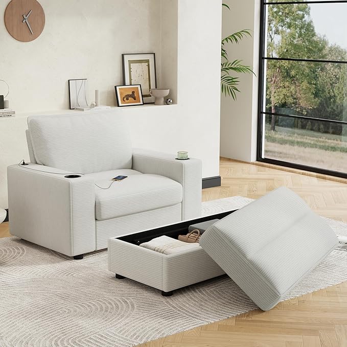 Merax 42.8" Oversized Chaise Lounge Chair with Storage Ottoman,Corduroy Sofa Bed with Cup Holders,USB Charging Port,Upholstered Sleeper Chair,Deep - Seat Reading Couch for Living Room,Bedroom,Beige