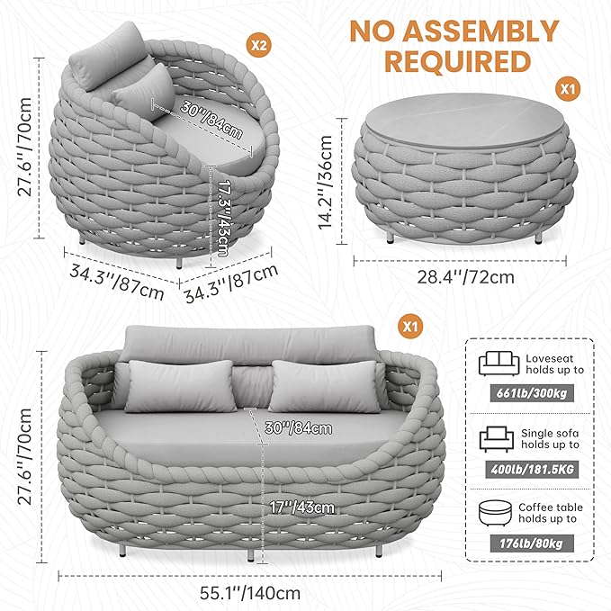 Erotr Woven Rope Patio Sofa Furniture Set of 4: Aluminum All Weather Outdoor Conversation Set, Couch Armchair and Loveseat Set with Table Cushions for Deck Porch Poolside Garden Backyard Hotel - Gray