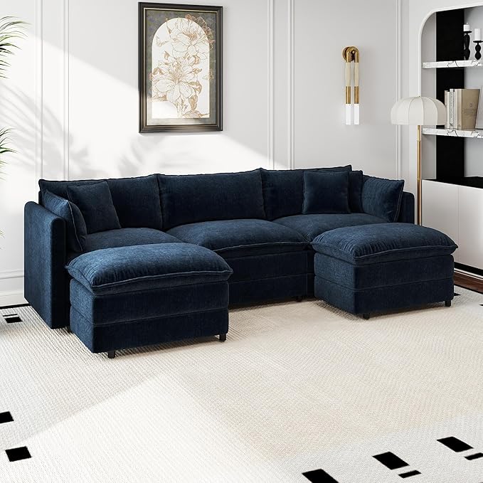 Aoowow Modular Sectional Sofa Modern Convertible U Shaped Couch,112.2 Inch Deep 3-Seater Sofas Set Comfy Chenille Cloud Sofas and Couches with Movable Ottoman for Living Room Apartment（Blue）