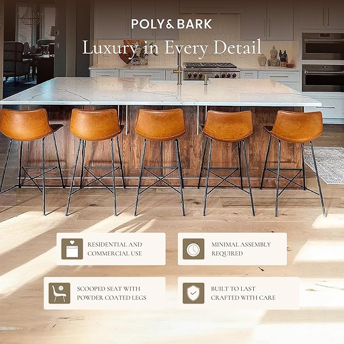 POLY & BARK Paxton Leather Counter Stools 24 Inches – Set of 2 - Counter Height Bar Stools with Back – Modern Barstools for Kitchen Island or Counters – Faux Leather & Matte Black Steel Base – Tan