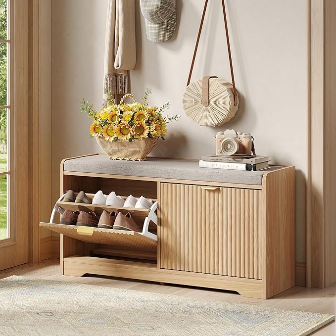 Maupvit Fluted Shoe Bench with Storage, Narrow Wooden Entryway Bench with Removable Cushion & 2 Flip-Drawers, Shoe Cabinet Bench, Farmhouse Boho Shoe Rack for Entrance, Hallway, Living Room (Natural)