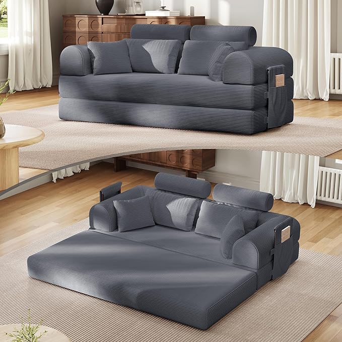 ZQRhome 2026 Upgrade Convertible Sofa Bed, 79 Inch Boneless Couch with Fixed-Shape Frame, Corduroy Fabric with High Backrest, Floor Sofa Modular Futon Couch for Living Room Bedroom Lounge (Dark Grey) | High Backrest, No Assembly, Convertible Sofa, Spac...