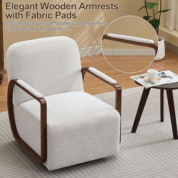 CACFTII 32" Chenille Upholstered Swivel Accent Chair, 360° Rotating Metal Base Modern Lounge Chair with Wooden Armrests for Living Room Bedroom, Beige