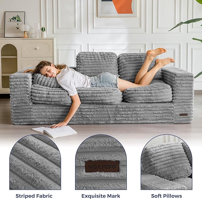 MAXYOYO 3-Seater Boneless Sofa Couch, Modern Faux Fur Sofa for Living Room, Soft Bean Bag Chair High-Density Foam Couch with Pillows, No Assembly Required