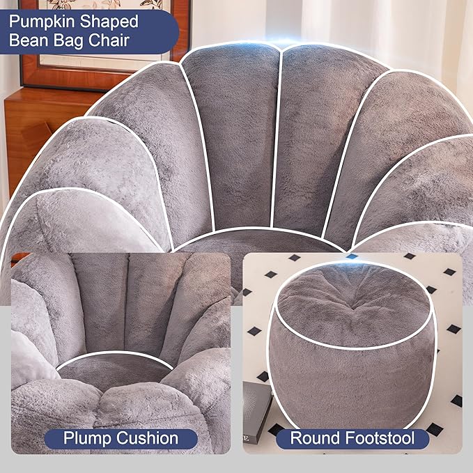 Pumpkin Shaped Bean Bag Chair with Ottoman, Gaint Bean Bag Chair for Adults, Faux Rabbit Fur Comfy BeanBag Floor Sofa Chair for Reading, Playing, Relaxing, Gray
