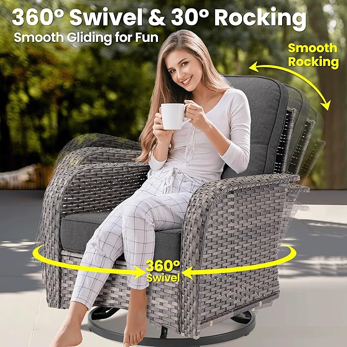 ovios 9 Pieces Patio Furniture Set, Outdoor Wicker Sofa Couch with Rocking Swivel Chairs Fire Pit Table, Modern Deep Seat Rattan Conversation Sets for Porch Deck, Black