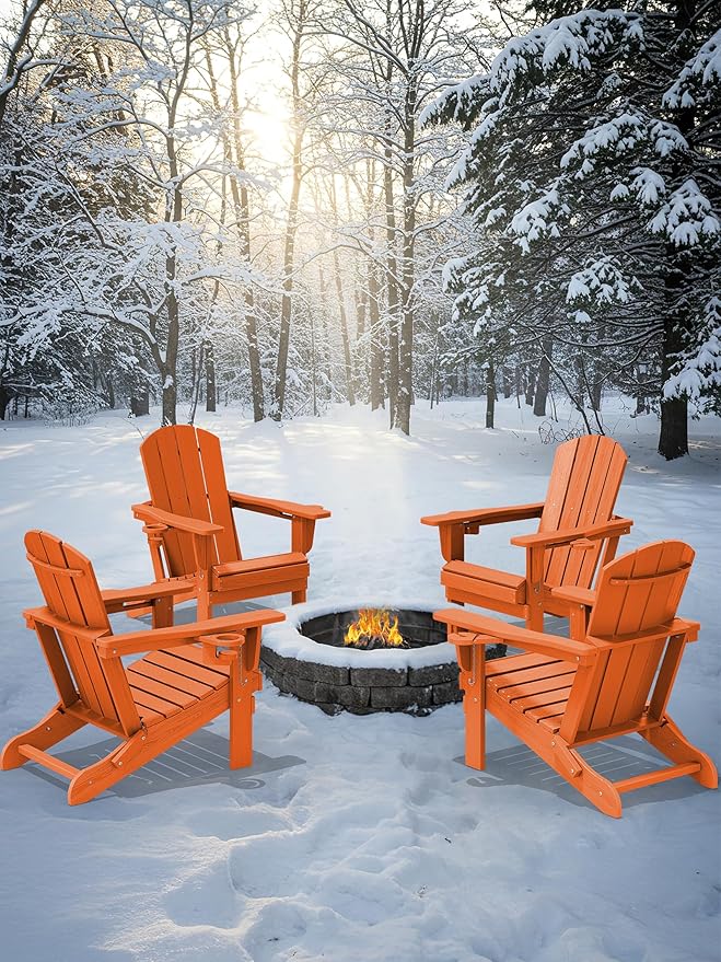 KINGYES Folding Adirondack Chair with Dual Cup Holders - HDPE All-Weather Outdoor Chairs, Wood-Like Patio Chair for Backyard, Camping, Pool & Fire Pit, Orange