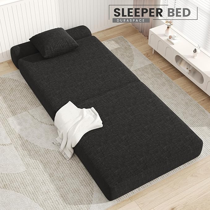 DURASPACE Folding Sofa Bed Convertible Foam Floor Sleeper Mattress Couch with Frame, Single Boneless Fold Out Lounger Chair Bed for Living Room Bedroom (Chenille Black)