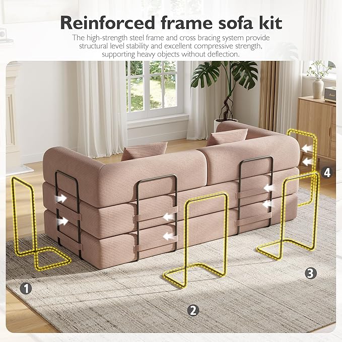 79 Inch 5-in-1 Convertible Sofa Bed, Corduroy Boneless Floor Couch with Fixed Frame & Pillow, Modular Folding Mattress Lounger for Small Space, Living Room, Bedroom - Easy Assembly(Pink)