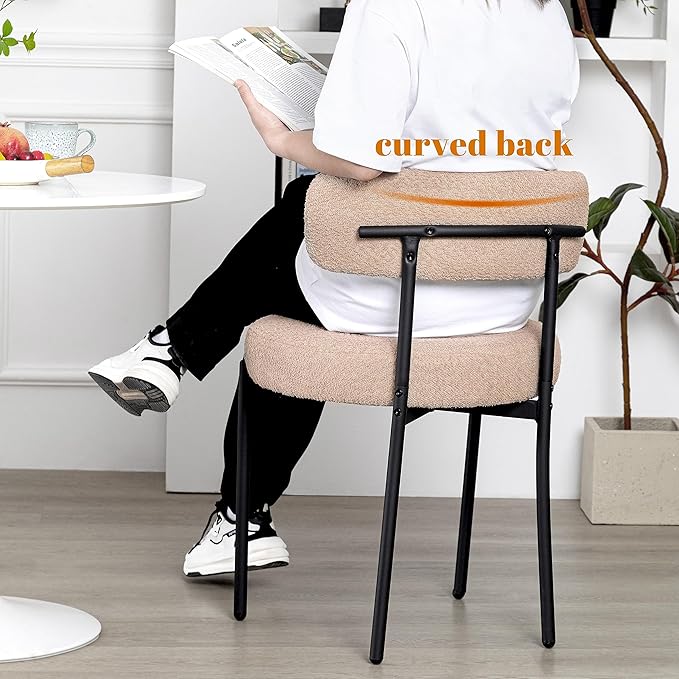 DYHOME Dining Chair One Chair,Boucle Dining Chair with Black Metal Legs,Upholstered Modern Kitchen Dining Room Chair Curved Backrest,Camel Color