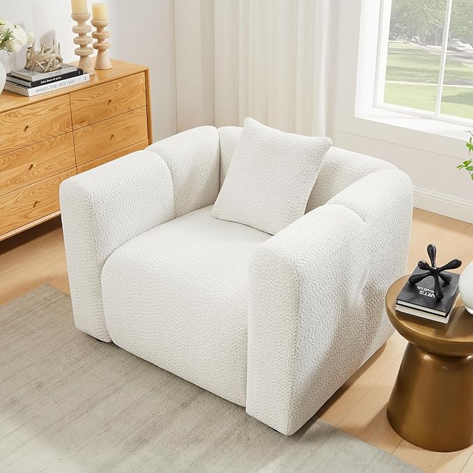VANOMi Living Room Furniture Sets Include 95" Sofa & 42" Armchairs, Boucle Upholstered Oversized Couch with Pillows, Living Room Furniture Set for Bedroom Apartment (White, 1 Sofa+1 Chair)